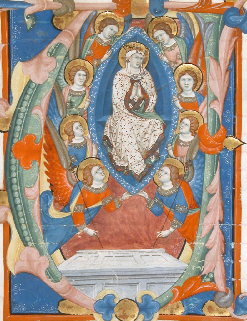 Historiated V in a medieval manuscript depicting the crowned and haloed Virgin Mary, hands folded in prayer, sitting on a blue throne that is being raised above a tomb by eight angels.