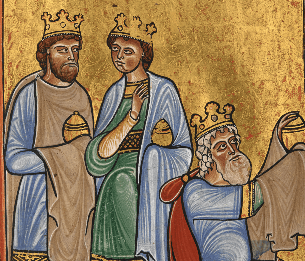 Medieval manuscript illustration of three kings, each holding a shiny gold vessel.