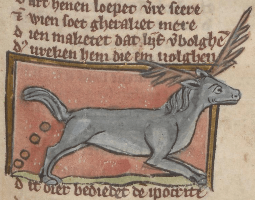 Medieval manuscript image of a creature resembling a horse with jagged antlers excreting four balls of dung.