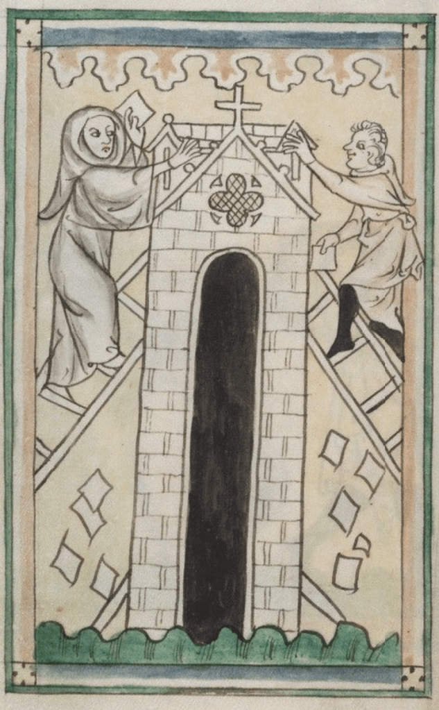Medieval manuscript illustration of two people on tall ladders working on the roof of a church, one of whom is wearing monastic garb; some roof tiles are falling to the ground.