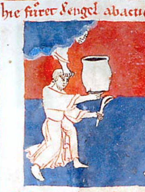 Medieval manuscript image of an angel emerging from a cloud, carrying a man by his hair who holds a vessel in his right hand and a ladle in his left.