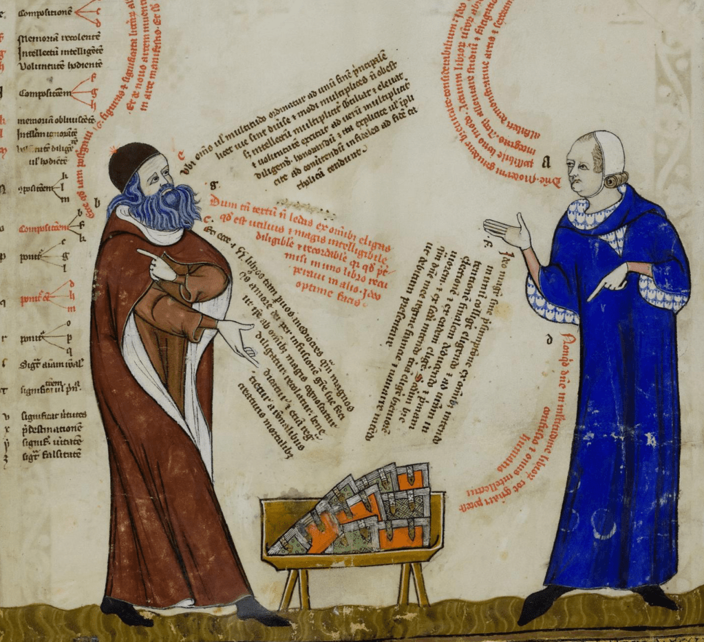 Medieval manuscript illustration of two men having a conversation, their dialogue depicted in Latin text that extends to their mouths like speech bubbles; a pile of books lies between them.
