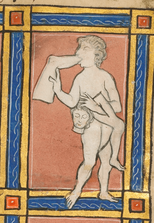 Medieval manuscript image of a naked anthropomorphic figure chewing on a human foot still attached to a leg, their free arm looped through another leg, their hand grasping the hair of a human head.
