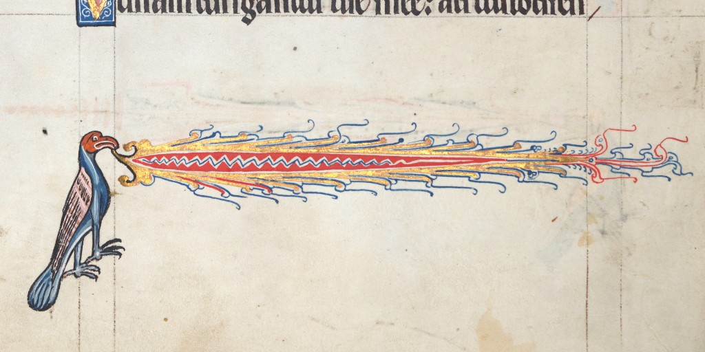 Medieval manuscript image of an eagle-like bird that looks a bit surprised that it is breathing fire.