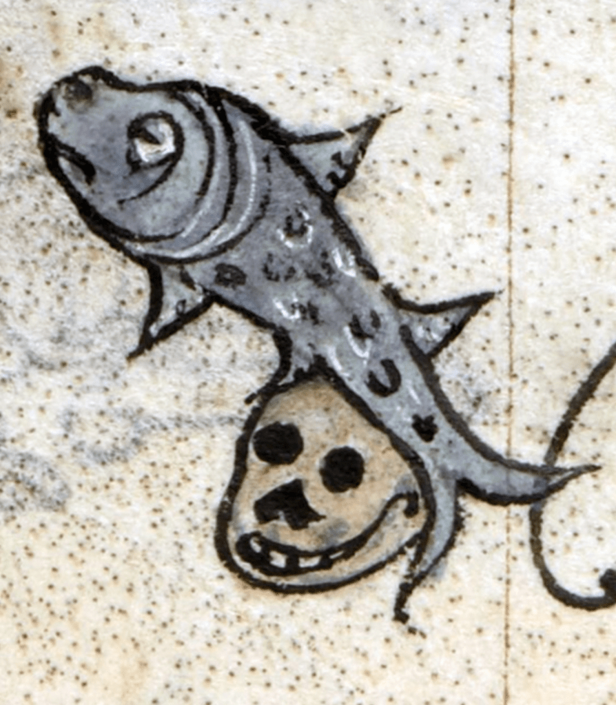 Medieval manuscript image of a fish swimming over a grinning skull.