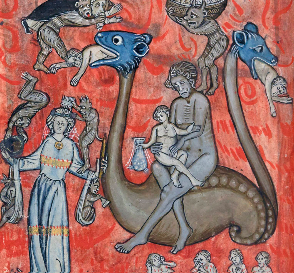 Medieval manuscript illustration of people being tormented in hell, including two people being eaten by the two heads of a long-necked creature and a woman having her hair combed by a demon while other demons hang off of her playing musical instruments.