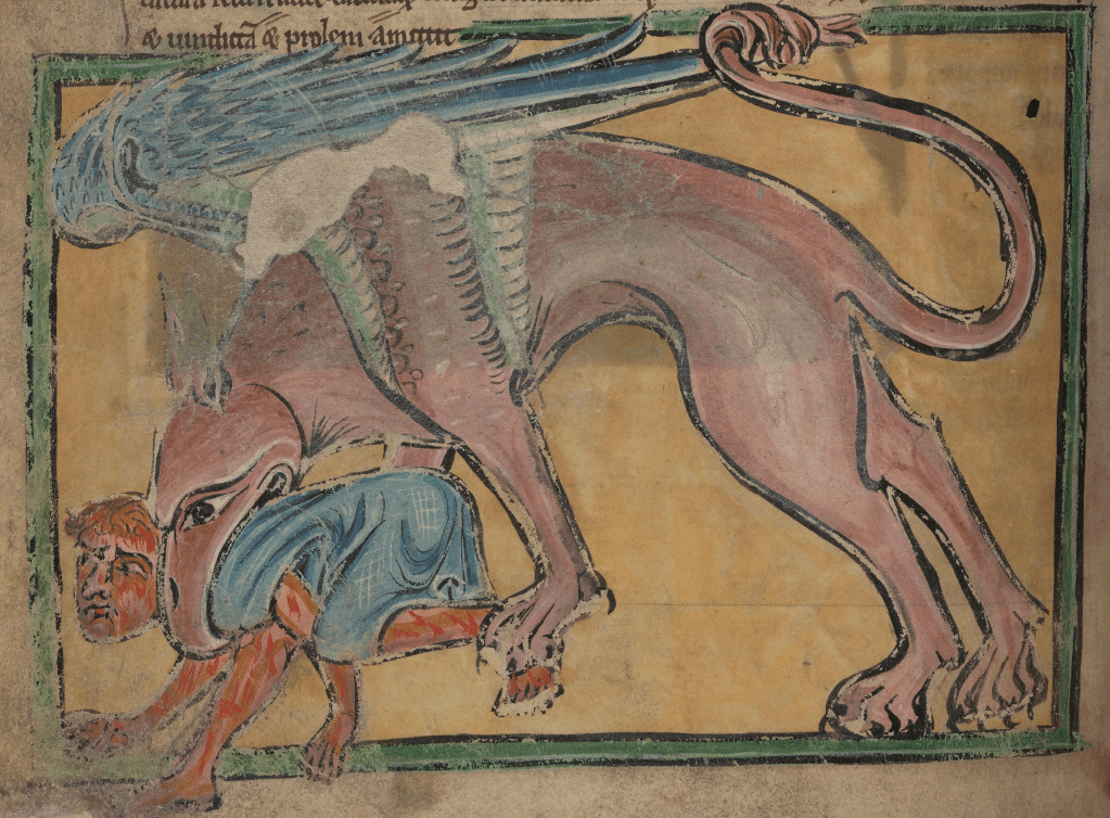 Medieval manuscript illustration of a salmon-coloured griffin grasping a man’s entire torso in its beak, gripping a leg with its forefeet; the man is bleeding a lot but appears to be alive. 