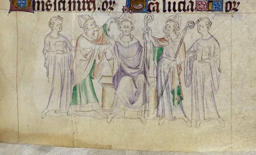 Medieval manuscript illustration of a man sitting on a bench while two bishops put a mitre on his head and a crozier in his hand; two tonsured men stand nearby, one with a reliquary and another with an open book.