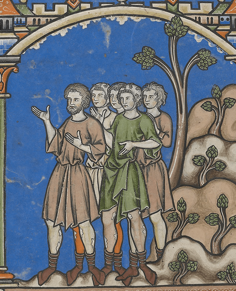 Medieval manuscript image of two men gesturing and possibly speaking to someone in front of them (not pictured), accompanied by three other men who stand in the background.