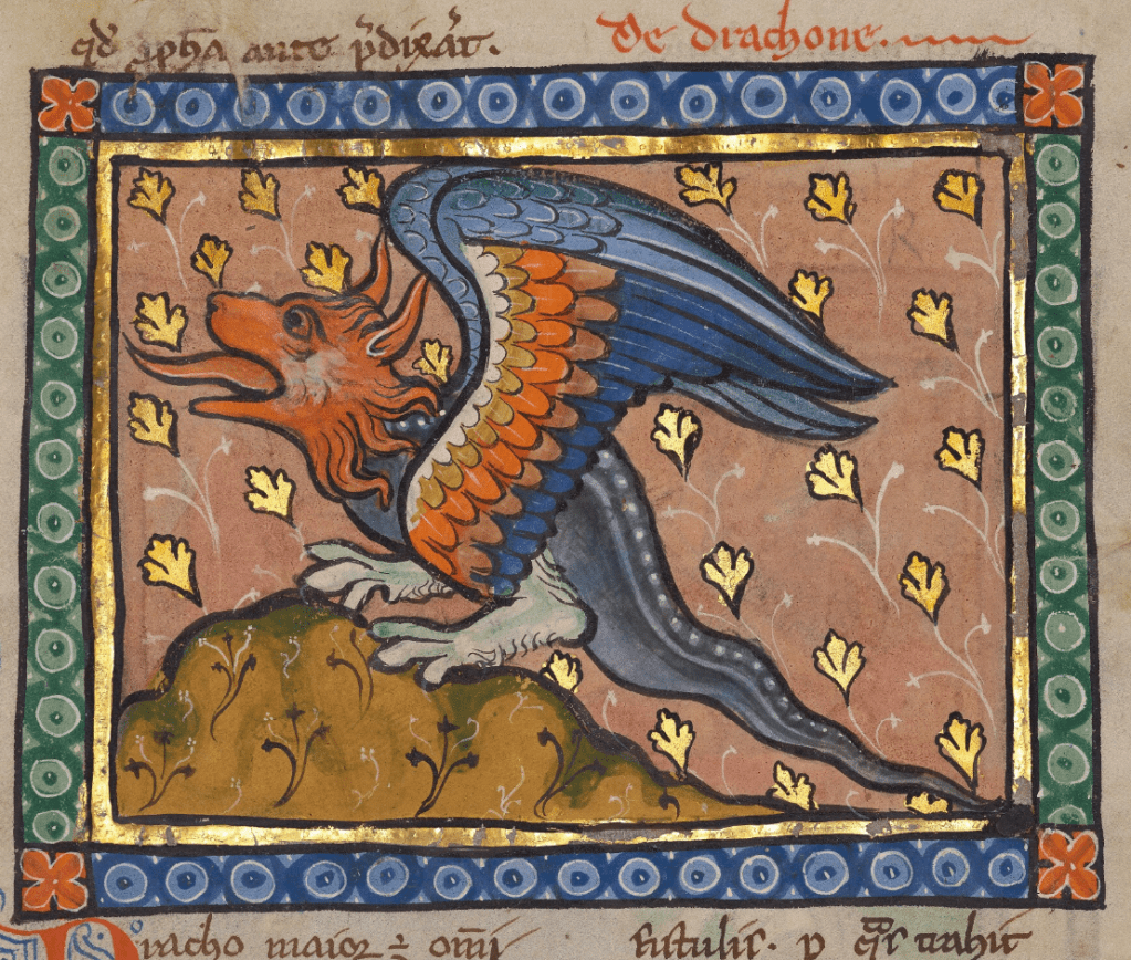 Medieval manuscript image of a colourful two winged, two-legged dragon with a hairy face and a long tongue standing atop a mound of earth.