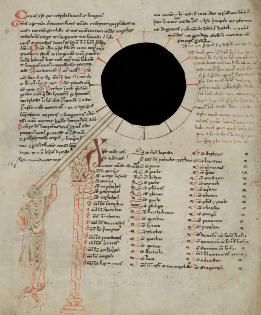 Medieval manuscript containing a large circular hole around which the hands of a clock have been drawn; a man holds a long narrow cylinder to his eye which connects with what would be 7:30 on the clock although there aren’t any numbers.