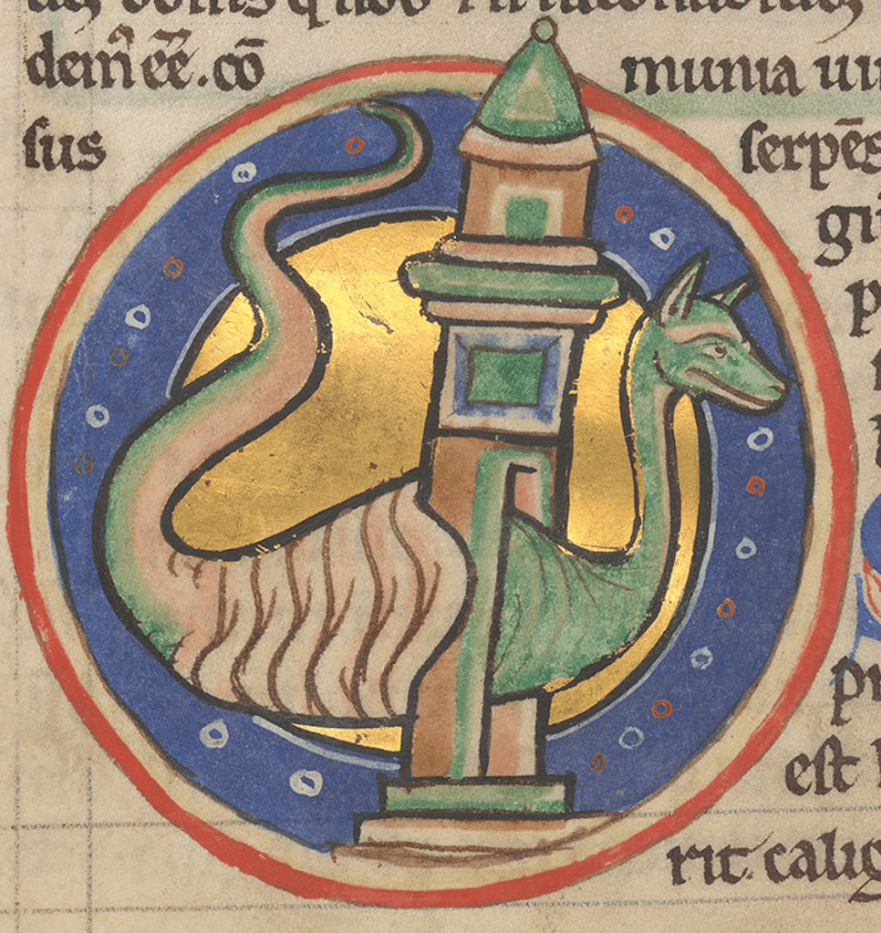 Medieval manuscript illustration of a legless creature passing through a tower, its pointy-eared head and long neck on the right side, its shrivelled brown skin coming off on the left side where its tail is.