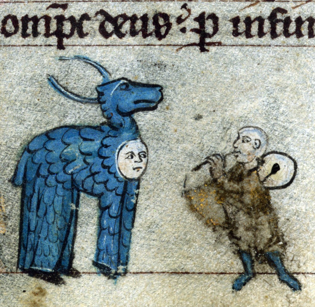 Medieval manuscript image of possibly two people in a blue deer costume (the face of one is visible and its chest and there are two pairs of shoes) and a musician playing a flute or whistle with a drum on their back.