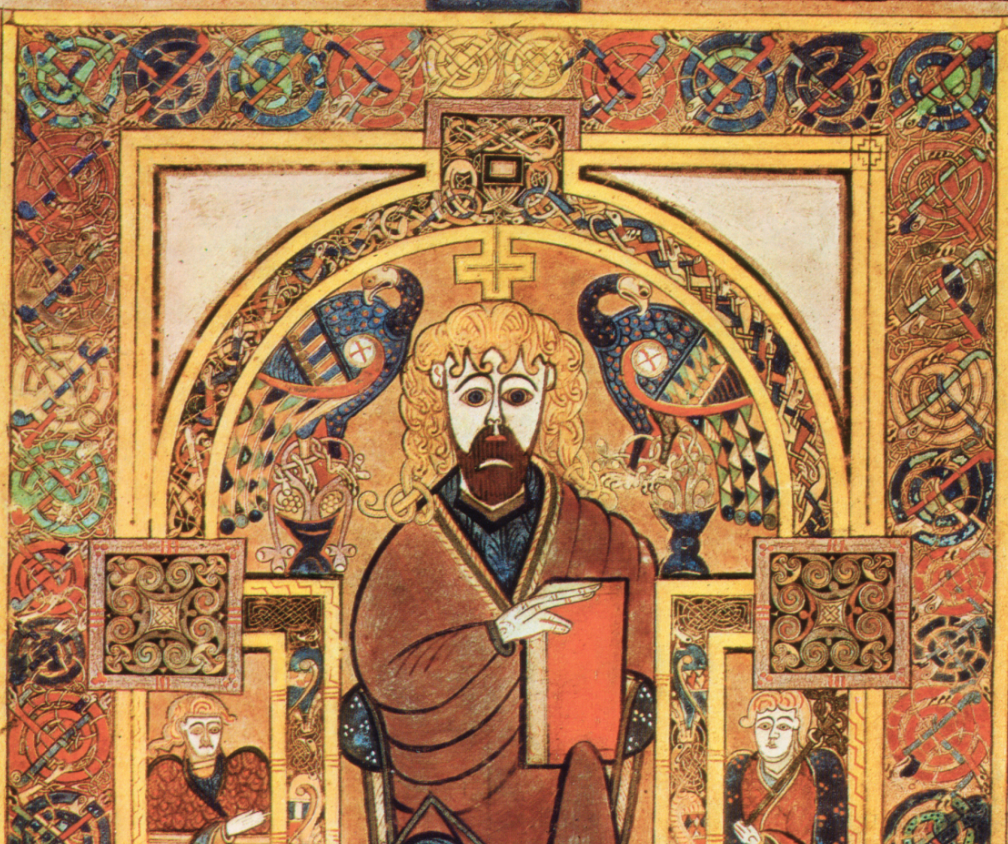 Medieval manuscript image of Christ with curly blond locks and a brown beard holding a orange-y red book, against an orange background with birds and delicate interlace designs.