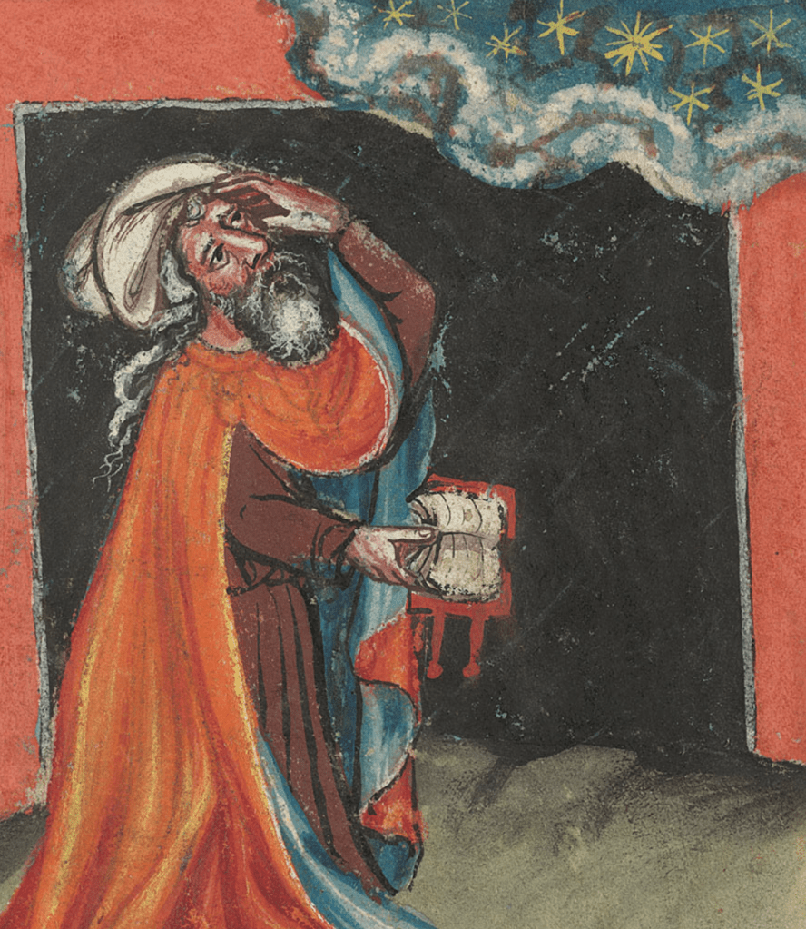 Medieval manuscript image of a bearded man in a cloak and turban, holding a book and gazing up at the stars at night.