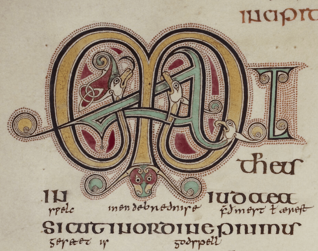 An initial M in a medieval manuscript has a letter A entwined inside it, with birds and fantastical creatures hiding within.