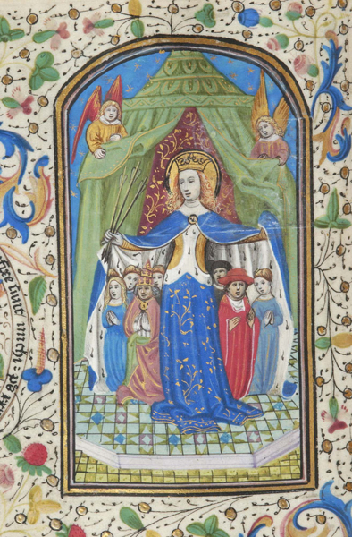 Medieval manuscript image of a golden-haired woman, nimbed and crowned, holding three arrows in her right hand, standing with arms extended, shielding with her ermine-lined cloak some women, a pope, clerics and a cardinal; they stand before a tent held open by two angels.