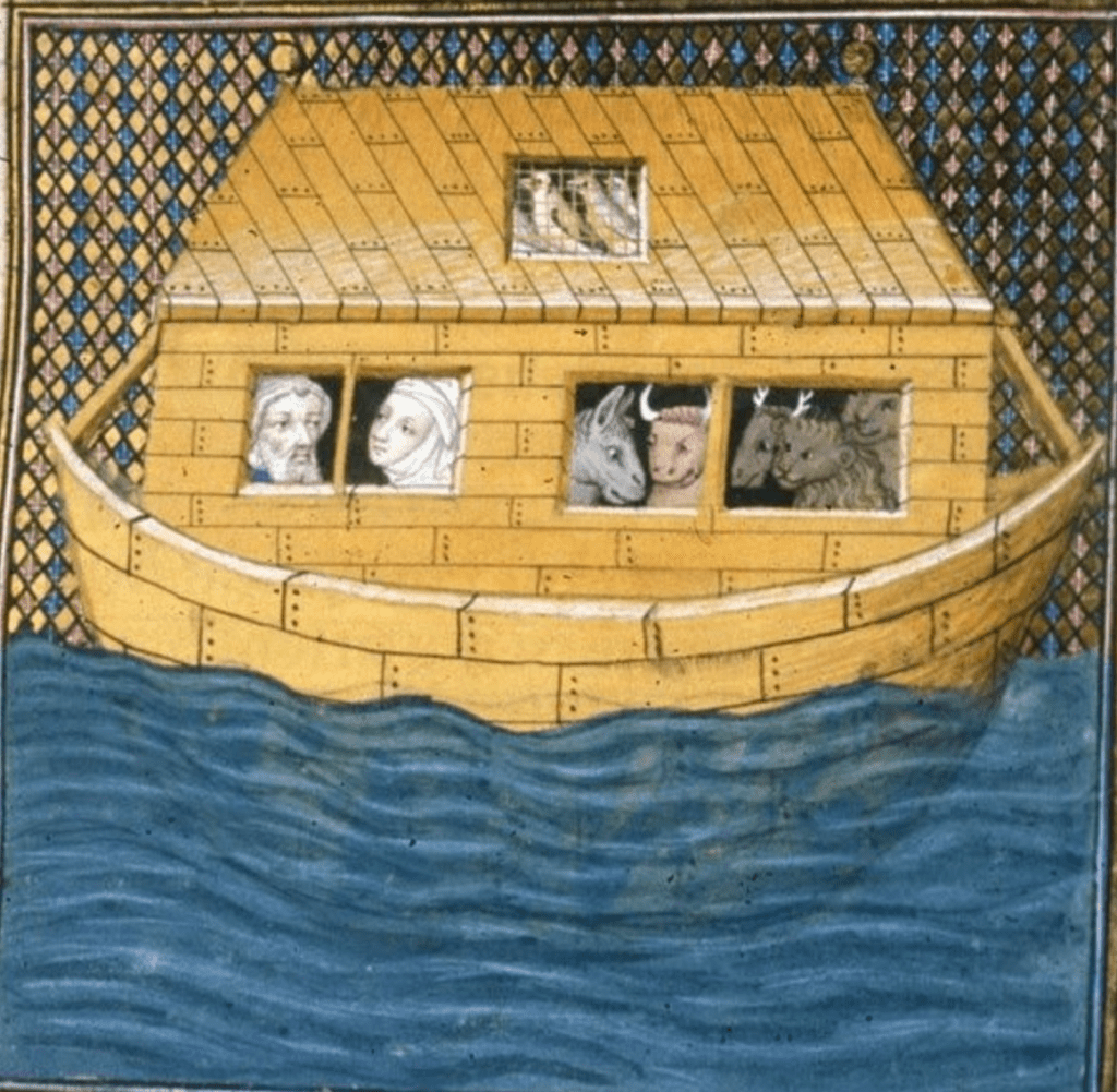 Medieval manuscript image of Noah’s Ark floating in the flood waters; Noah, his wife and a variety of animals and birds are visible through the windows.