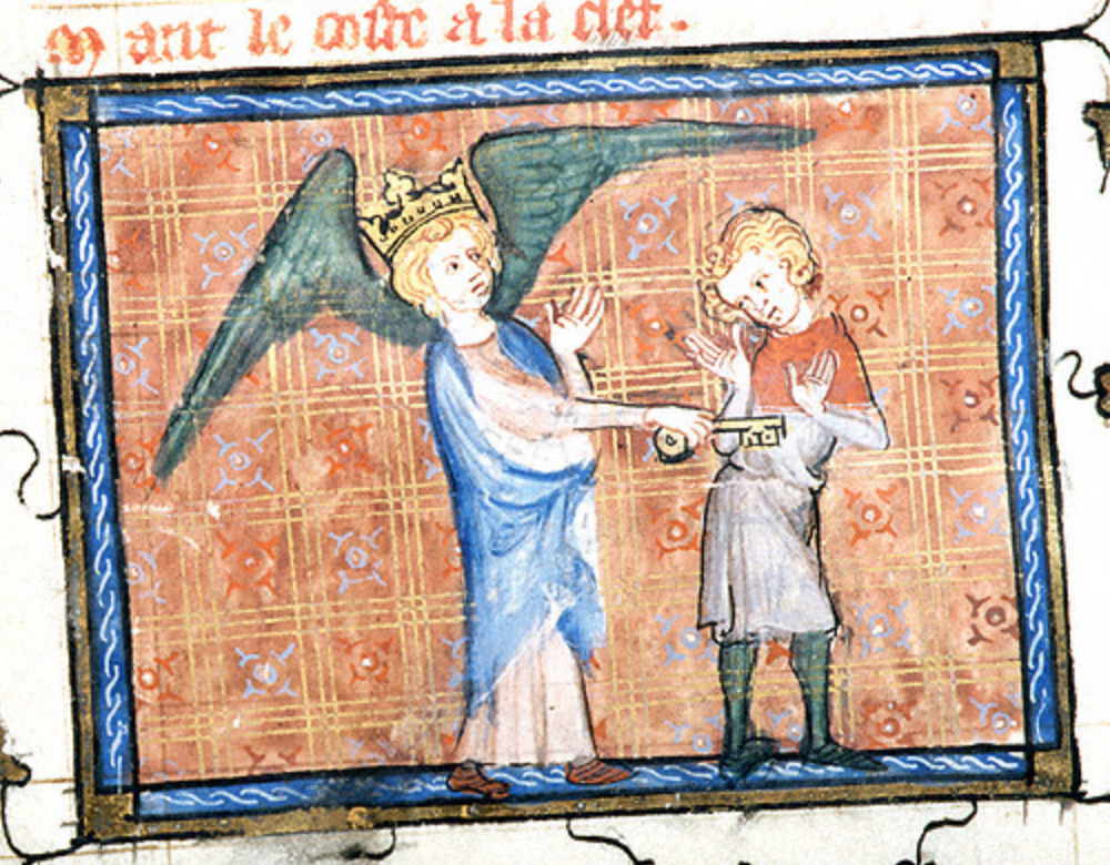 Medieval manuscript image of a crowned figure with outstretched wings holding a large key to the chest of a young man who raises his hands out of the way.