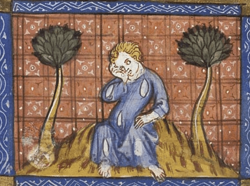 Medieval manuscript image of a person seated on the ground between two trees brushing tears from their face and wearing torn-up clothing.