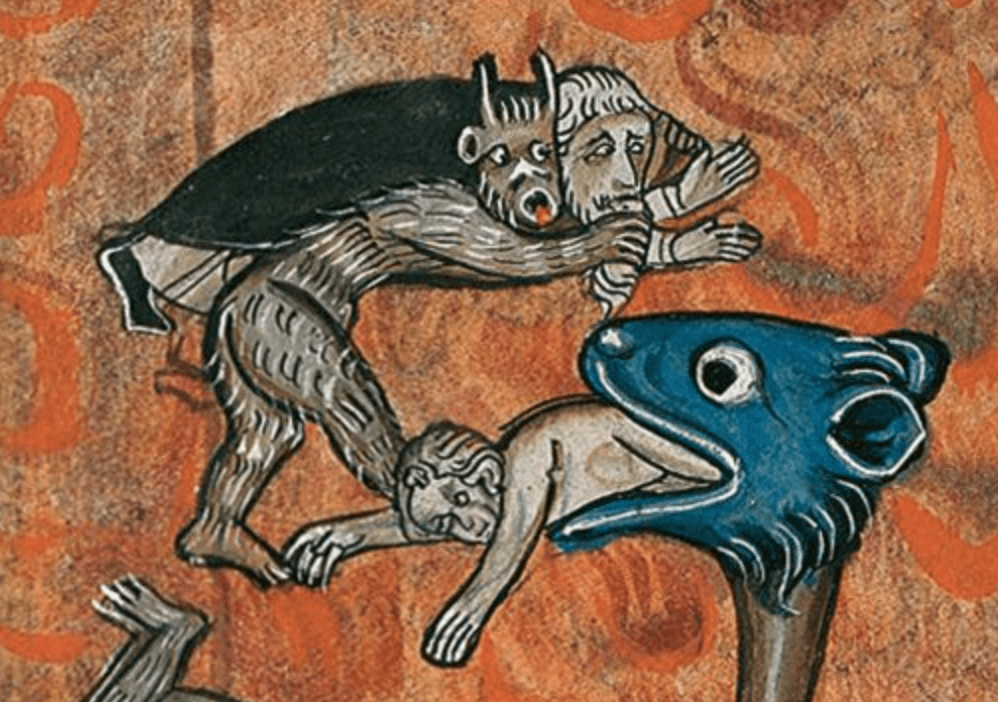 Medieval manuscript image of a big-eyed, small-eared creature with its big mouth open and a naked person emerging; a hairy demon passes by with an old man on his back.