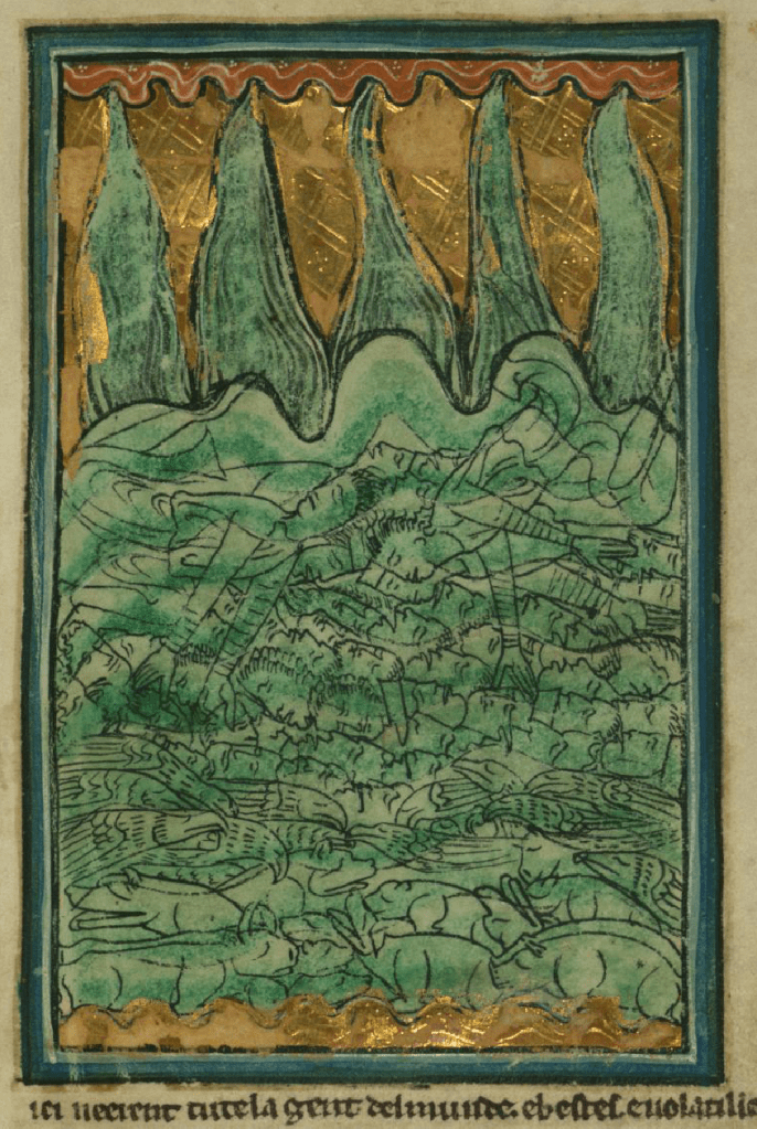 Medieval manuscript image of rain pouring down and deep water filled with the corpses of humans and animals that go all the way down to the ground.