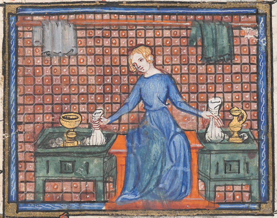 Medieval manuscript image of a woman sitting between two strongboxes containing coins and gold vessels, from which she takes bags in each of her hands.
