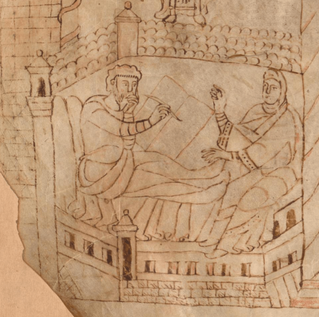 Medieval manuscript image of a prison in which a man writes in a codex, resting his left hand on his chin as if in thought; a woman sits and observes, gesturing with her hands.