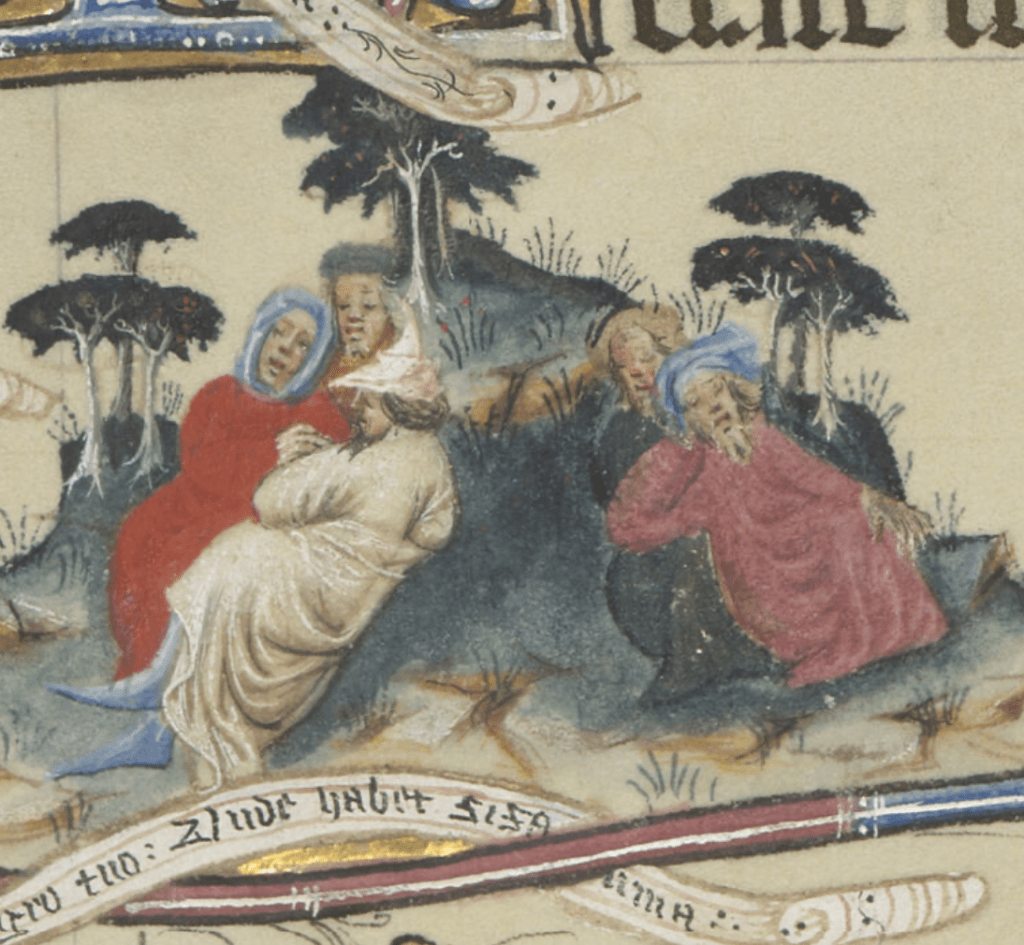 Medieval manuscript image of five people sleeping on the side of a hill with trees, grass and flowers.