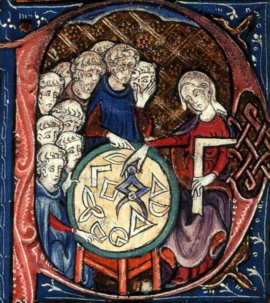 Medieval manuscript image of a woman with a set-square and compass showing a group of men various shapes on a table.