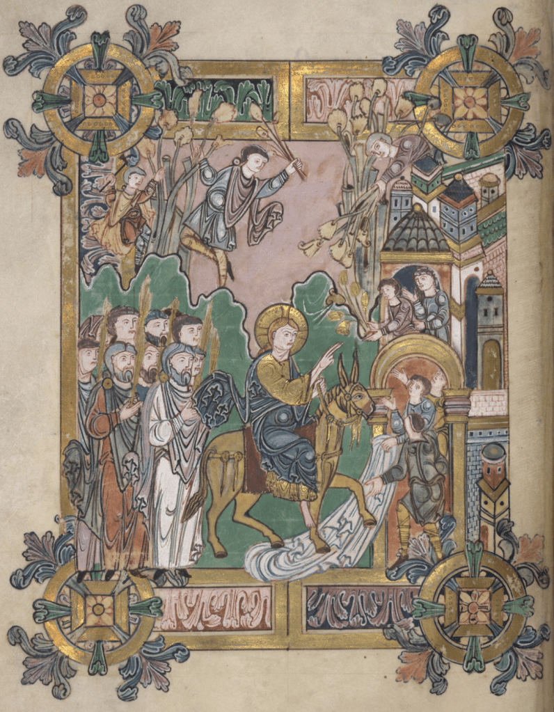 Medieval manuscript illustration of Christ astride a donkey, followed by a group of people with golden palm branches; two youths at a city gate spread mantles under the donkey’s feet and above them other people lean out from the city walls or are up a tree throwing flowers.