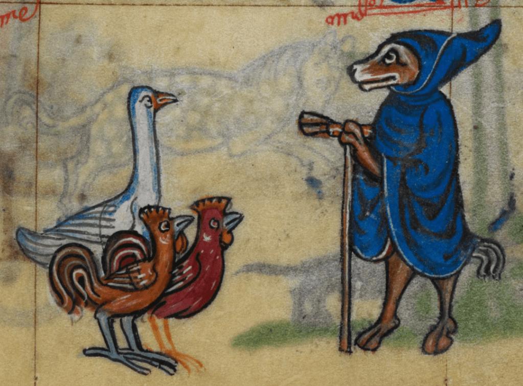 Medieval manuscript image of a fox disguised in a blue habit preaching to chickens and a goose.