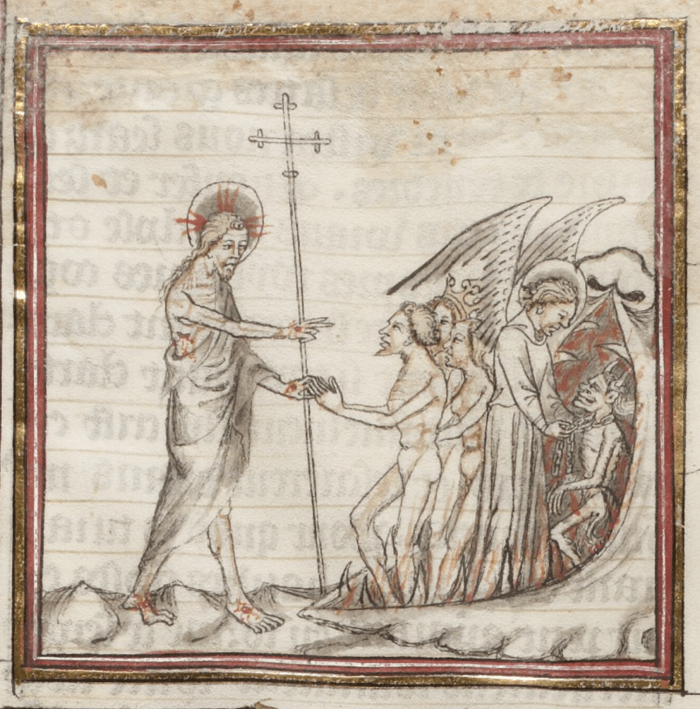 Medieval manuscript image of Jesus holding a cross, bleeding from his five wounds, leading naked people out of a gaping hell-mouth; further inside the mouth an angel puts a chain around the devil’s neck.