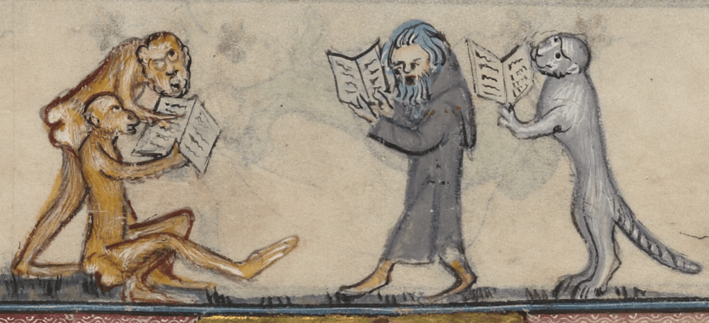 Medieval manuscript image of two apes looking at an open book; an elderly man and a human-sized cat walk towards them carrying their own open books.