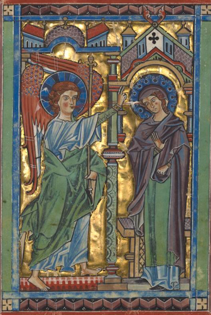 Medieval manuscript image of an angel making a sign of blessing towards the Virgin Mary, who appears to be receiving the angel’s message via red lines that go from his mouth towards her head.