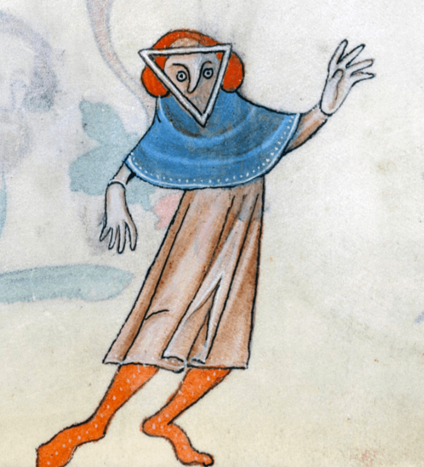 Medieval manuscript image of a person with no mouth and a triangle around their face.