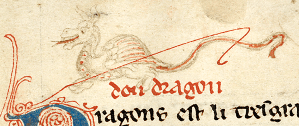 Drawing of a long-tailed, four-legged dragon in a medieval manuscript, its mouth open with a red forked tongue emerging.