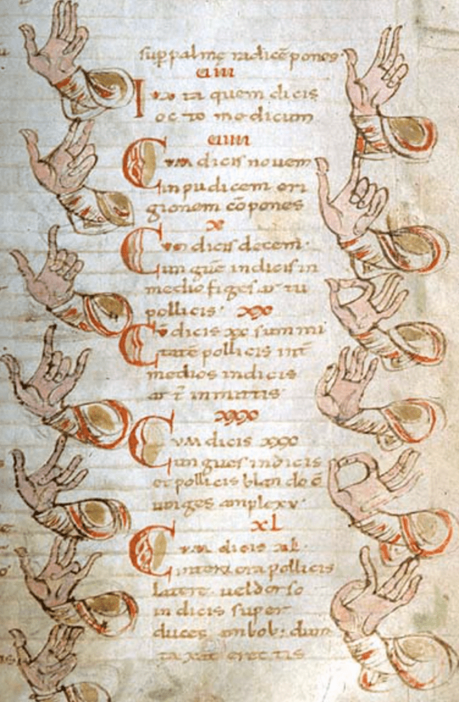 Medieval manuscript page with two columns of hands making various gestures; a column of Latin text is in between them.