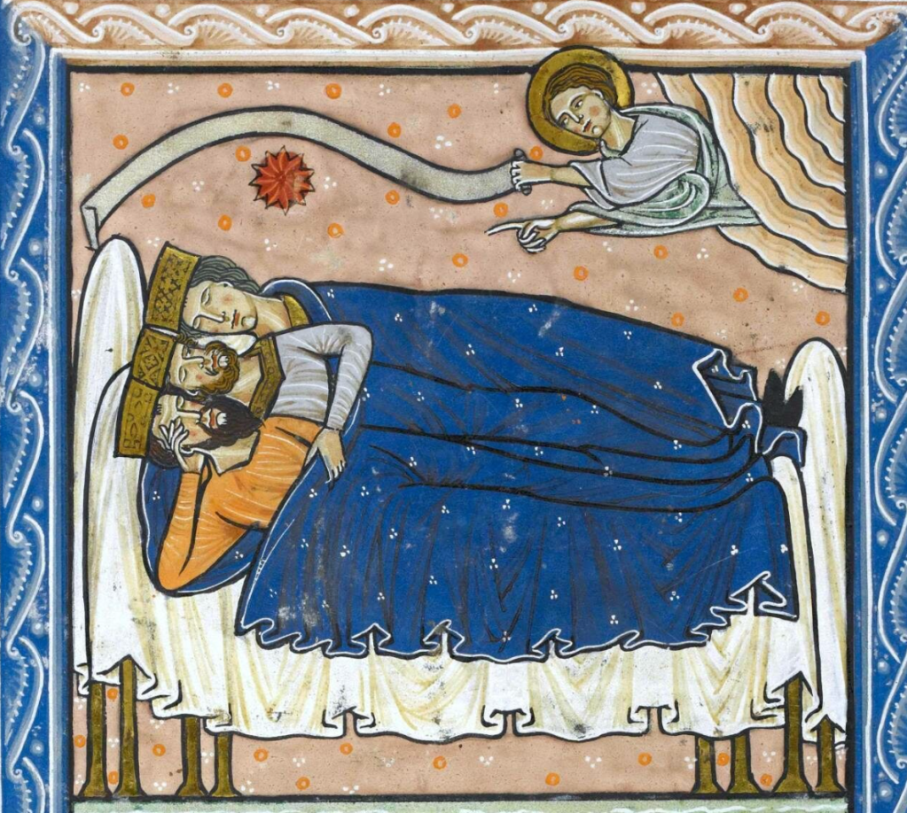 Medieval manuscript image of three men wearing crowns asleep in the same bed; above them is a bright star and an angel emerging from a cloud with a scroll.