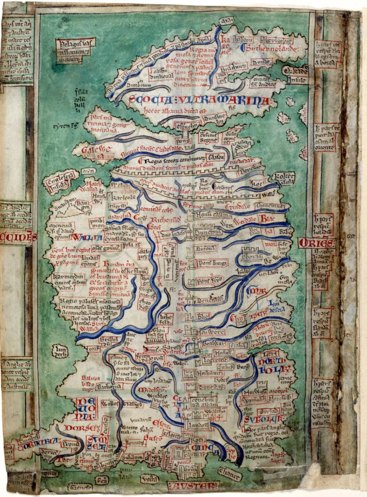 Map of Britain in a medieval manuscript which shows different regions, cities and towns, rivers and fortifying walls, all of which are labelled in Latin.