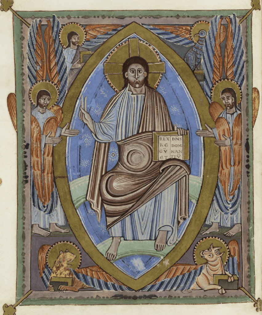 Medieval manuscript image of Christ flanked by two angels and surrounded by the symbols of the four evangelists: a winged man, an eagle, a winged lion, and a winged cow, each of whom holds a book.