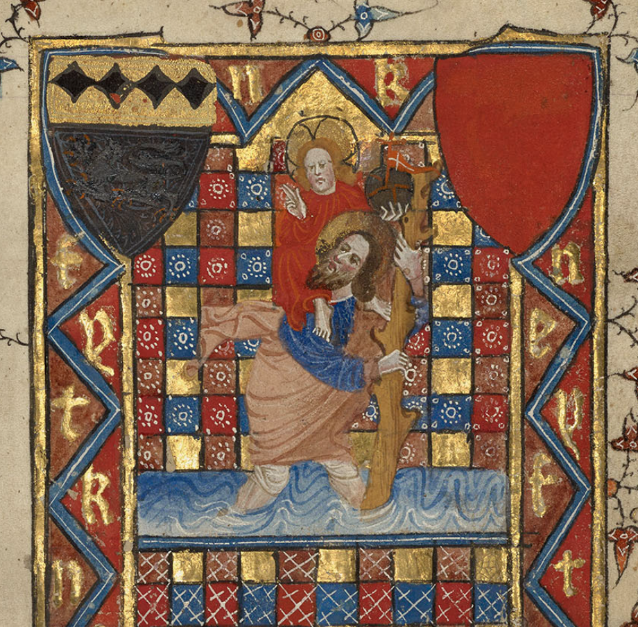 Medieval manuscript image of St Christopher carrying across a river on his shoulders the child Christ who wears a bright red gown; on either side of Christ are two shields, one with a black and gold design, the other solid red.