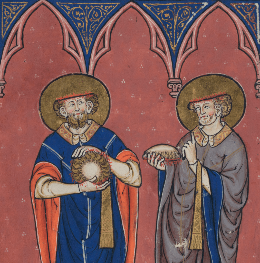 Medieval manuscript image of two haloed men whose heads have been sliced open across the forehead, with blood dripping down; they both hold the tops of their own bloody tonsured skulls in their hands.