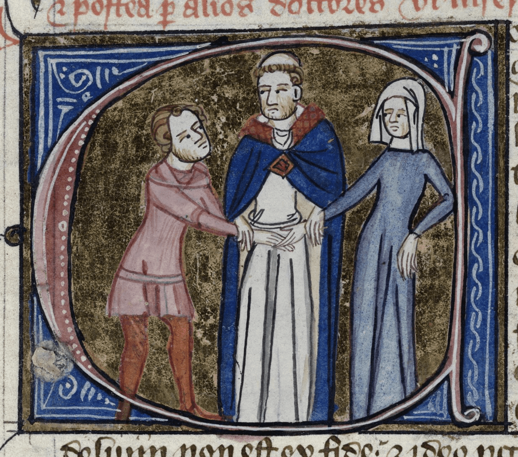 Medieval manuscript image of a tonsured man joining the hands of a simply dressed man and woman, neither of whom look very excited over the matter.