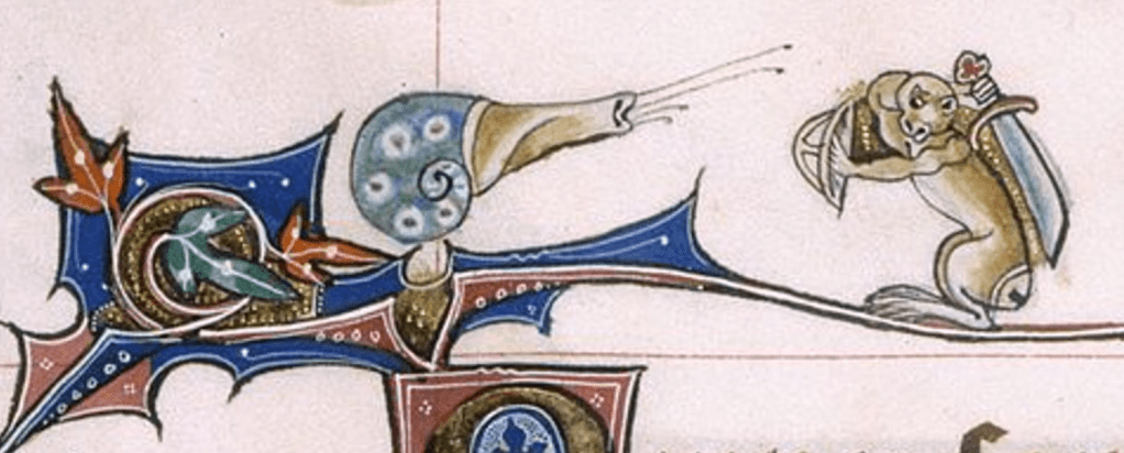 Medieval marginalia of a giant snail facing off with a monkey. The monkey holds a shield and sword, while the snail has no weapons.