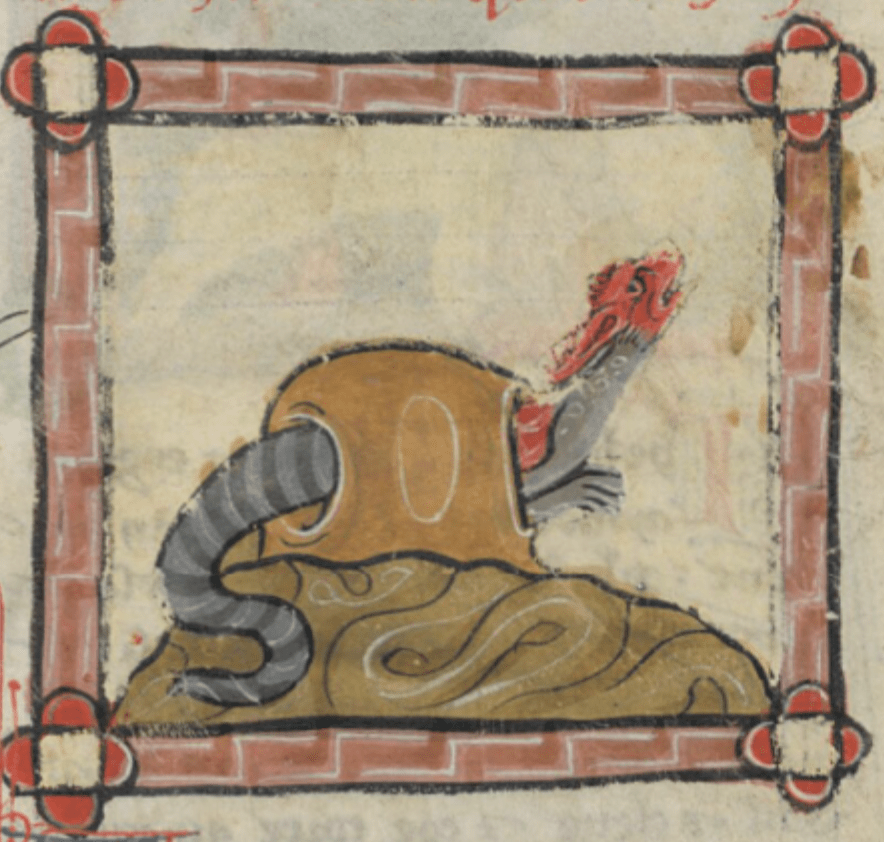 Medieval illustration of a dragon-like creature pokes its red head and grey foot out of a rock; its stripy grey tail emerges from the opposite side.