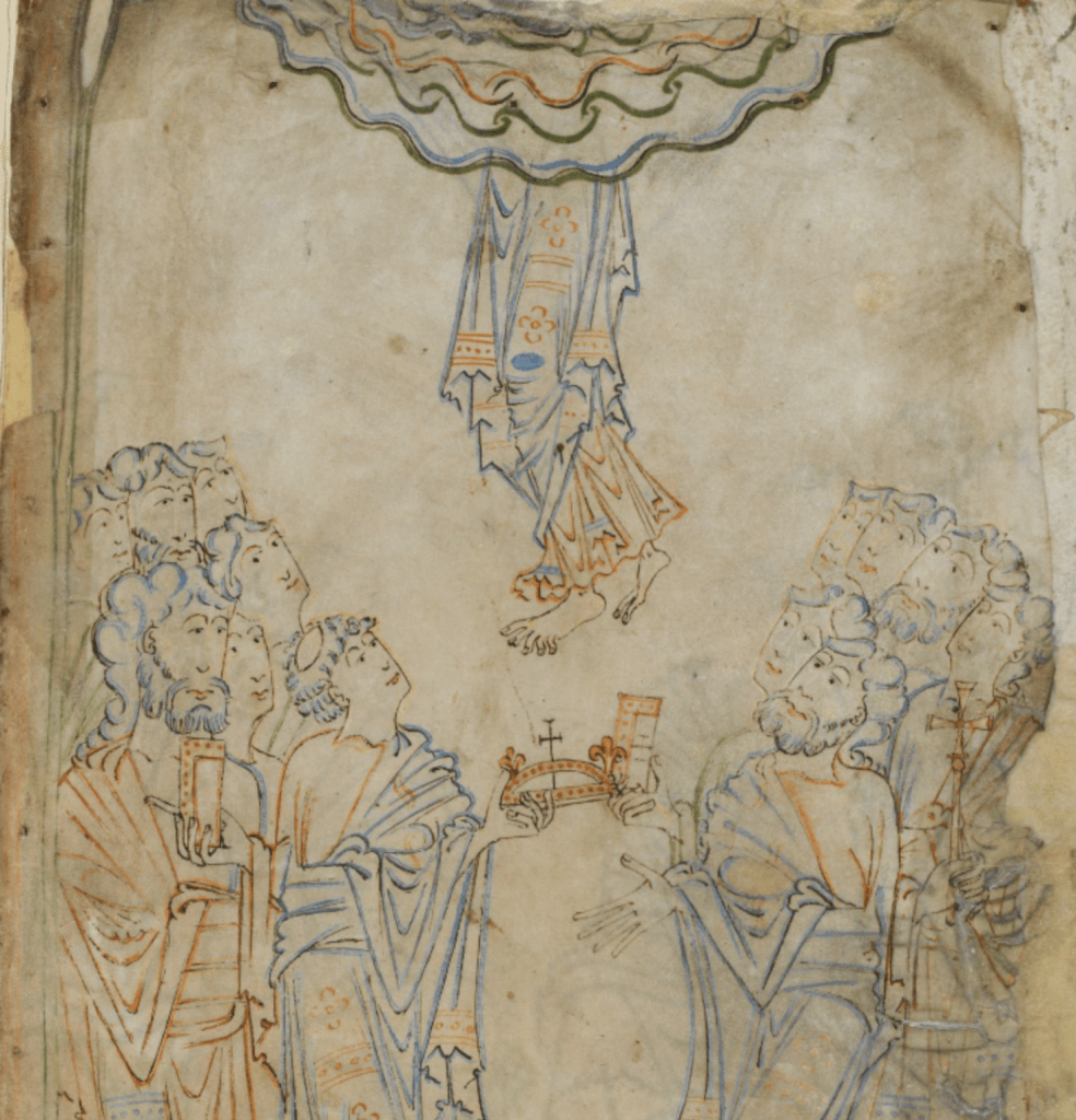 Medieval manuscript image of the legs and feet of a person suspended in the air, with the upper half obscured by clouds; groups of men stand on either side on the ground below, one man holding a crown and another a book.