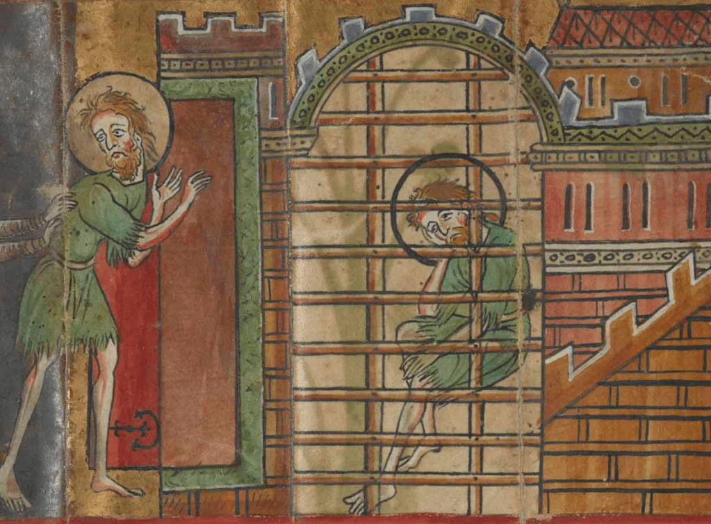 Medieval sequential illustration of a haloed man being pushed into a prison and then seated behind bars looking dejected.