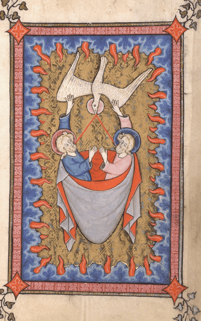 Medieval illustration of a large veil that holds two bearded haloed young men, who reach their arms up to touch the wings of the haloed dove that holds the veil aloft in its beak.