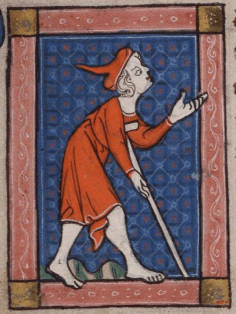 A barefoot person walks supported by a crutch under one arm in a medieval manuscript.